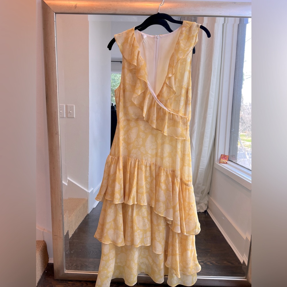 DRA Anthro mustard flamingo dress